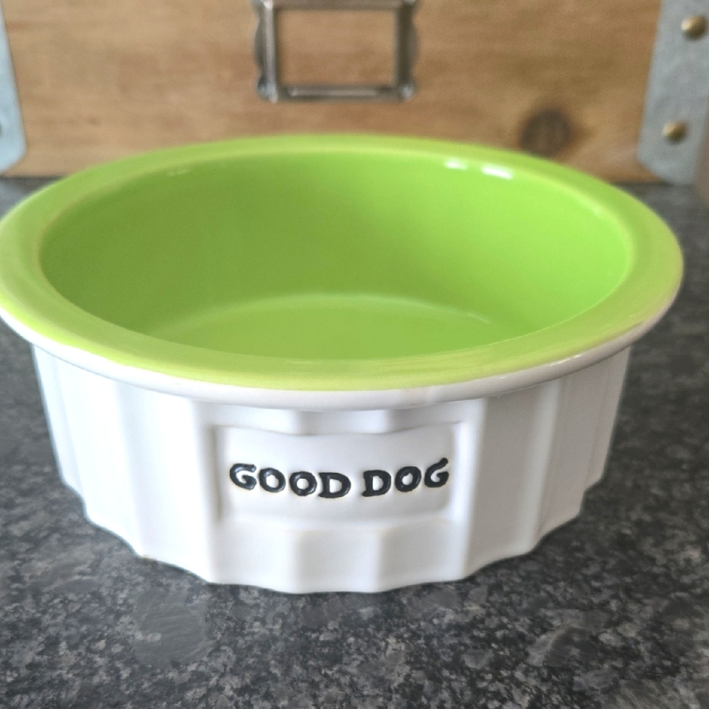 Global Design Connections "Good Dog" Ceramic Green and White Food Bowl